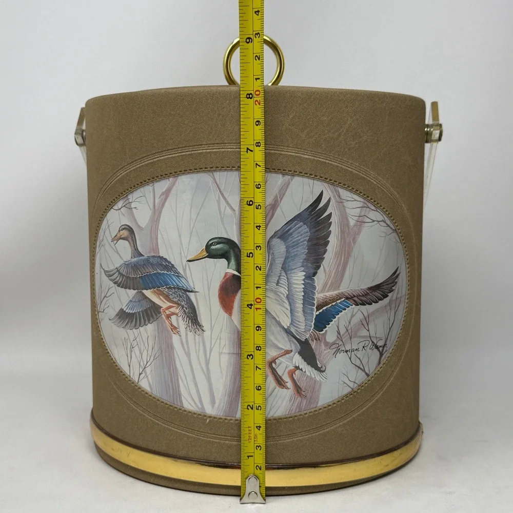 Vintage Norman R Wyatt Mallard Duck Ice Bucket Faux Leather Acrylic Handle Tan